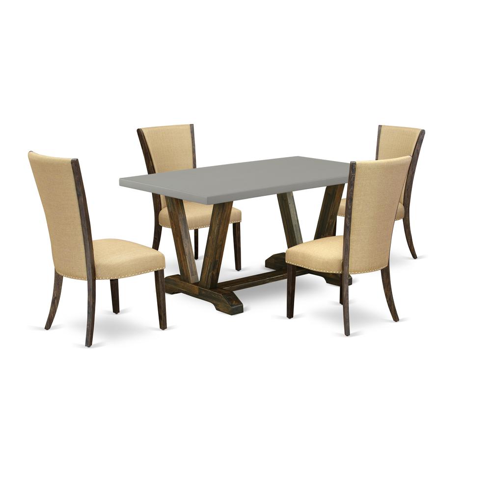 East West Furniture V796VE703-5 5Pc Dining Table set Contains a Dinette Table and 4 Parson Dining Chairs with Brown Color Linen Fabric, Medium Size Table with Full Back Chairs, Distressed Jacobean and. Picture 1