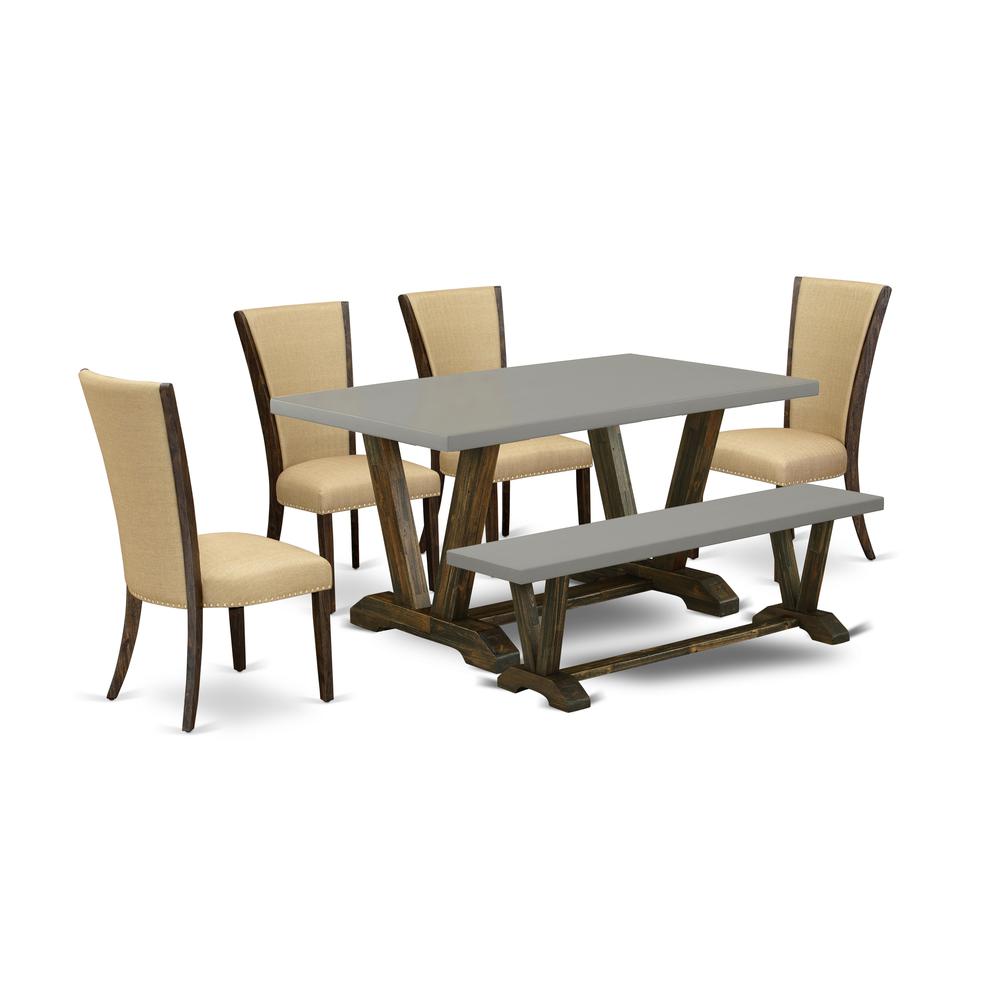 East West Furniture V796VE703-6 6 Piece dining table set - 4 Brown Linen Fabric Mid Century Chair with Nailheads and Cement Modern Dining Table - 1 Dining Bench - Distressed Jacobean Finish. Picture 1