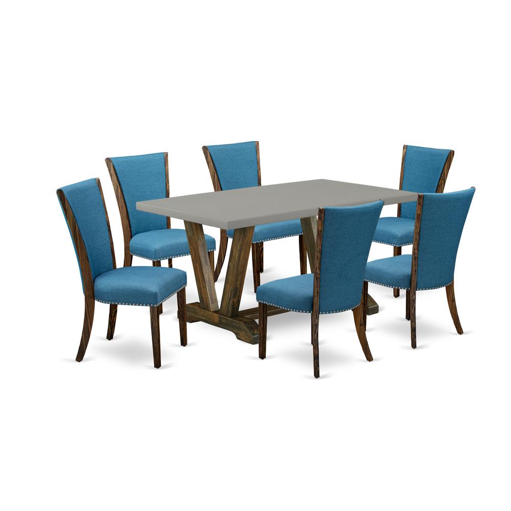 East West Furniture V796VE721-7 7Pc Dining Room Table Set Consists of a Wood Dining Table and 6 Parsons Dining Chairs with Blue Color Linen Fabric, Distressed Jacobean and Cement Finish. Picture 1