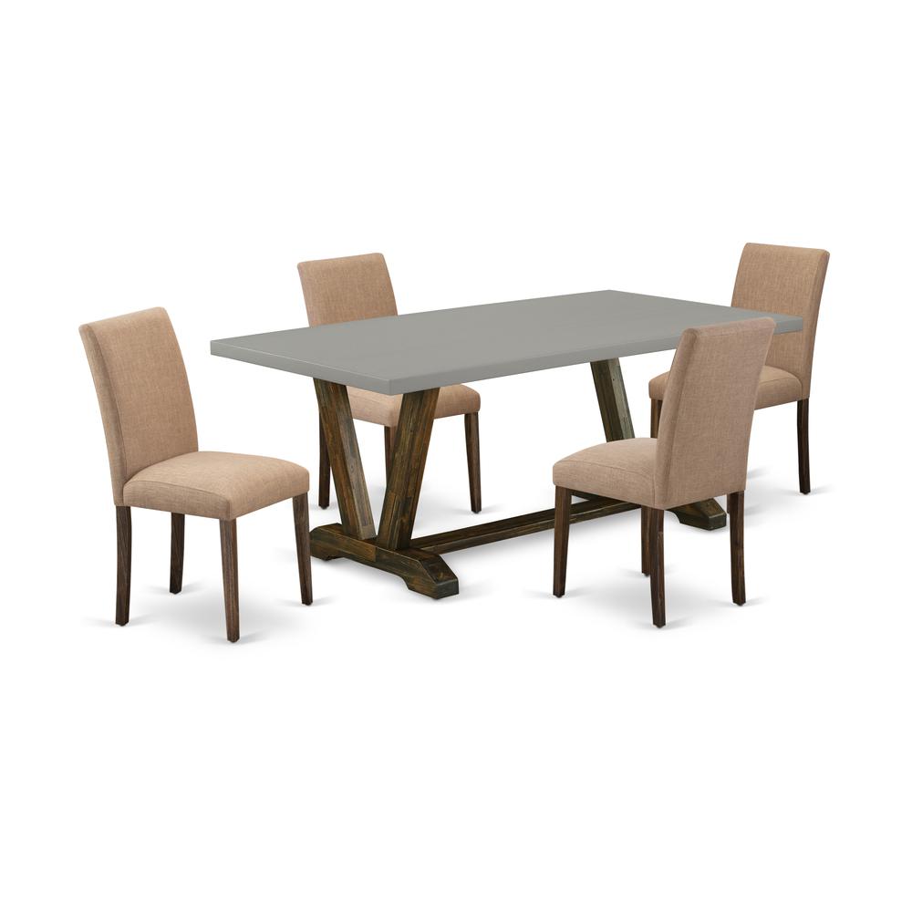 East West Furniture 5-Pc Kitchen and Dining Room Chairs Includes 4 Parson dining chairs with Upholstered Seat and High Back and a Rectangular Modern Kitchen Table - Distressed Jacobean Finish. Picture 1