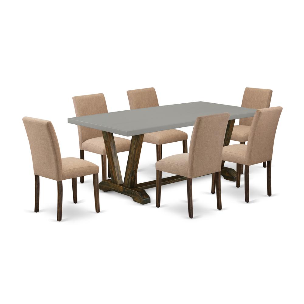 East West Furniture 7-Piece Dining Room Set Includes 6 Dining Room Chairs with Upholstered Seat and High Back and a Rectangular Dining Table - Distressed Jacobean Finish. Picture 1