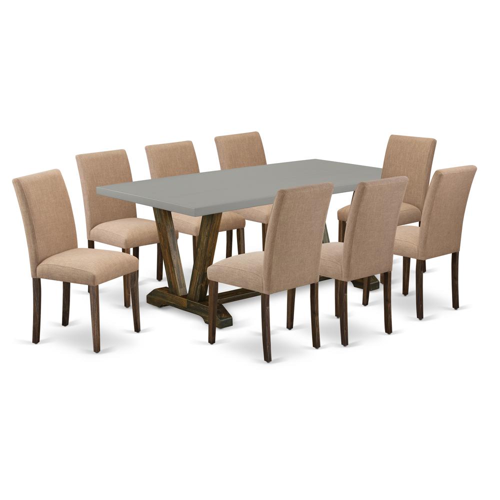 East West Furniture 9-Piece Dining Table Set Includes 8 Dining Room Chairs with Upholstered Seat and High Back and a Rectangular Modern Dining Table - Distressed Jacobean Finish. Picture 1