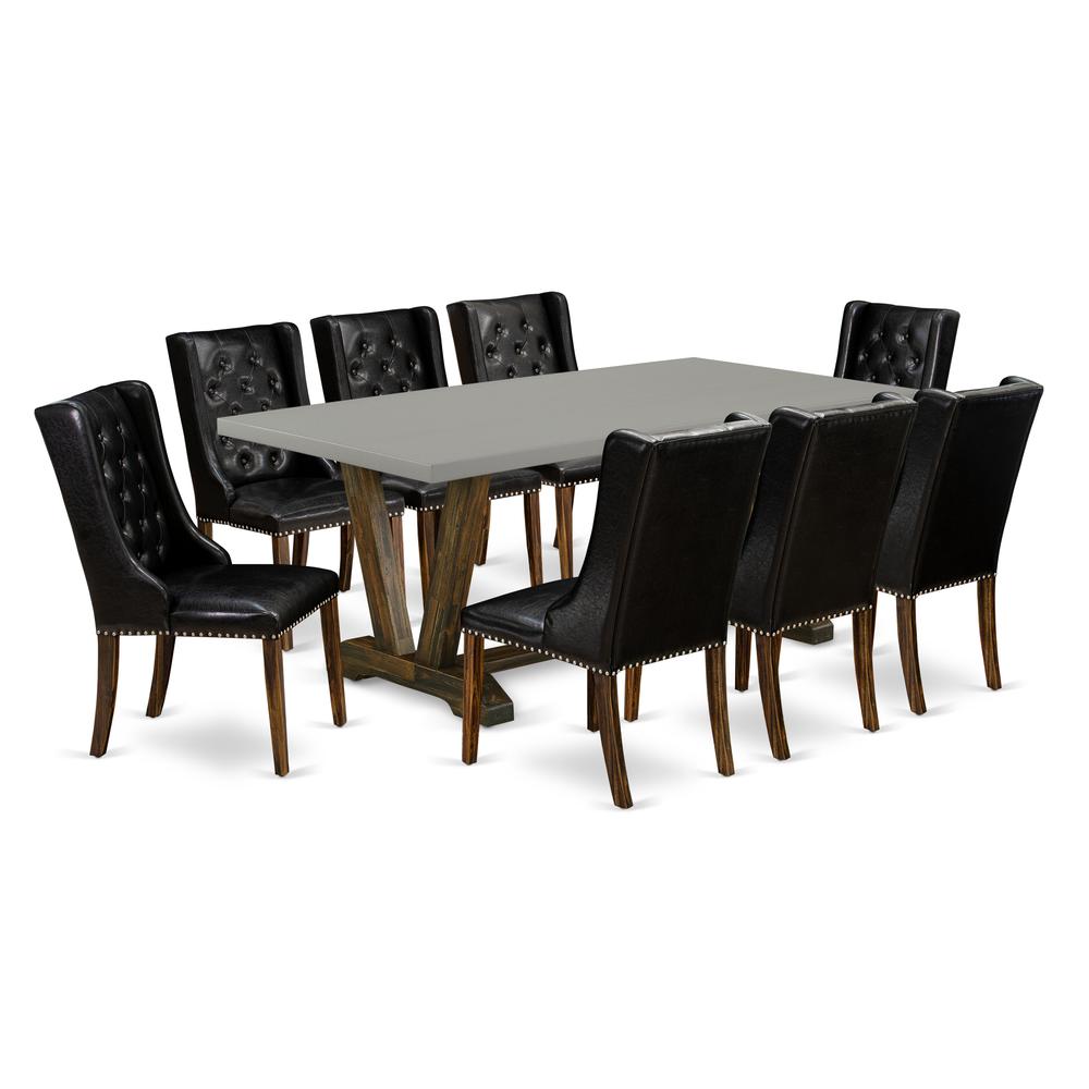 East West Furniture V797FO749-9 9-Piece Dining Room Table Set - 8 Black Pu Leather Dining Room Chairs Button Tufted with Nail heads and Dining Table - Distressed Jacobean Finish. Picture 1