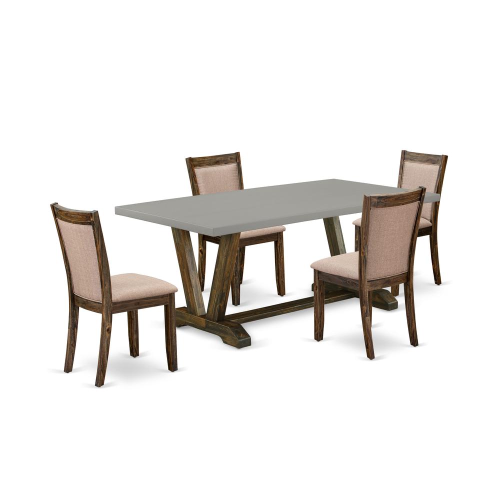 East West Furniture 5 Piece Modern Dining Set - A Cement Top Wooden Table with Trestle Base and 4 Dark Khaki Linen Fabric Chairs For Dining Room - Distressed Jacobean Finish. Picture 2