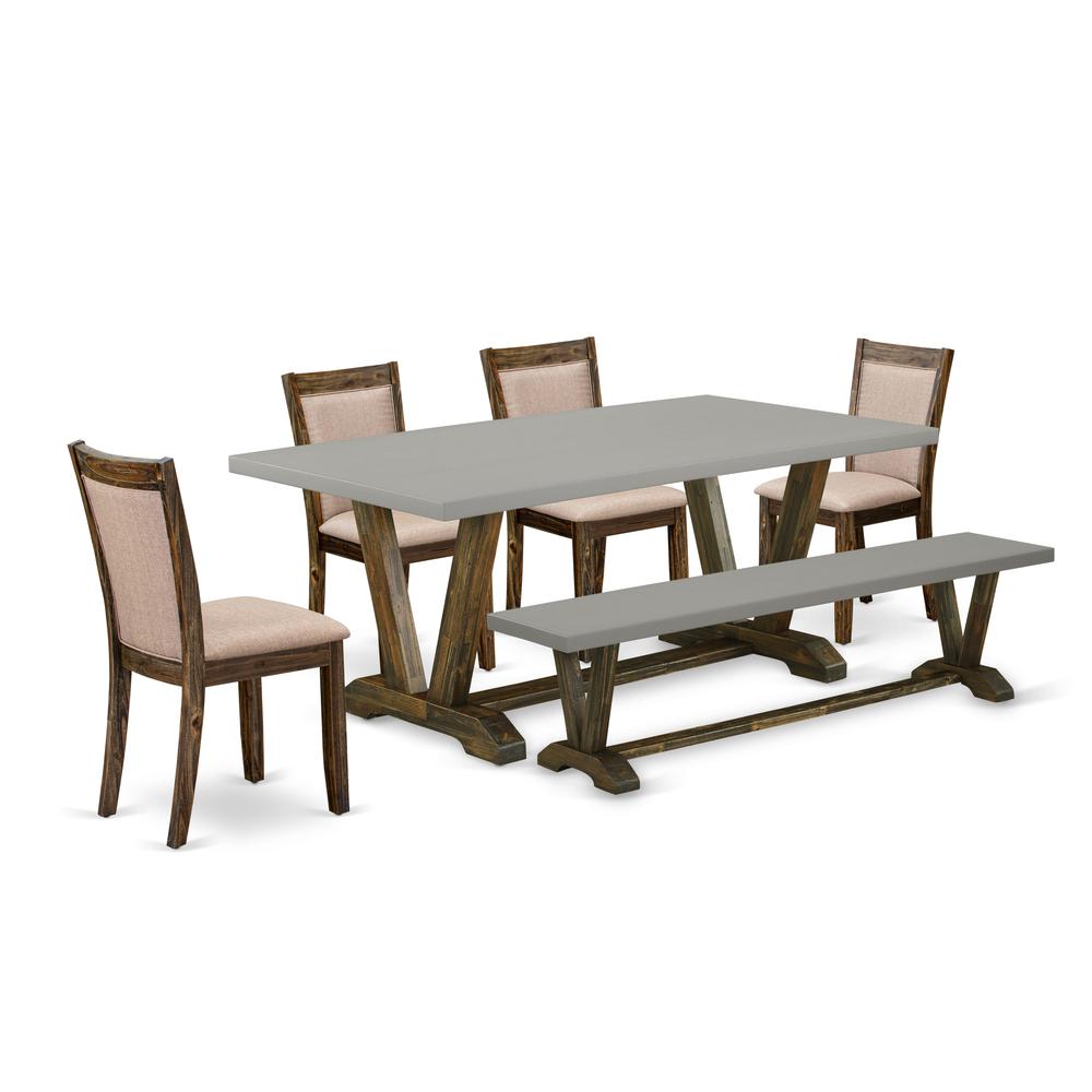 East West Furniture 6 Piece Dinning Set- A Cement Top Kitchen Table in Trestle Base with Wooden Bench and 4 Dark Khaki Linen Fabrics Dining Room Chairs- Distressed Jacobean Finish. Picture 2