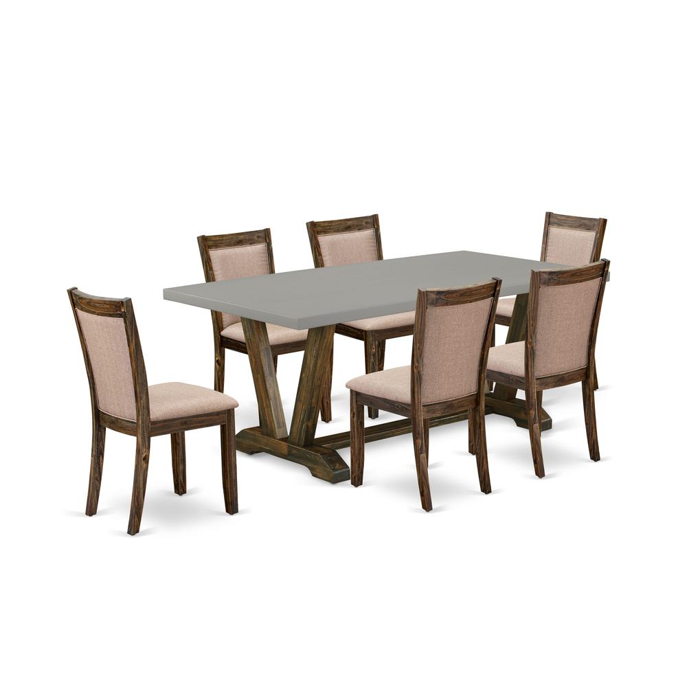 East West Furniture 7 Piece Contemporary Dinette Set - A Cement Top Dinner Table with Trestle Base and 6 Dark Khaki Linen Fabric Parson Chairs - Distressed Jacobean Finish. Picture 2
