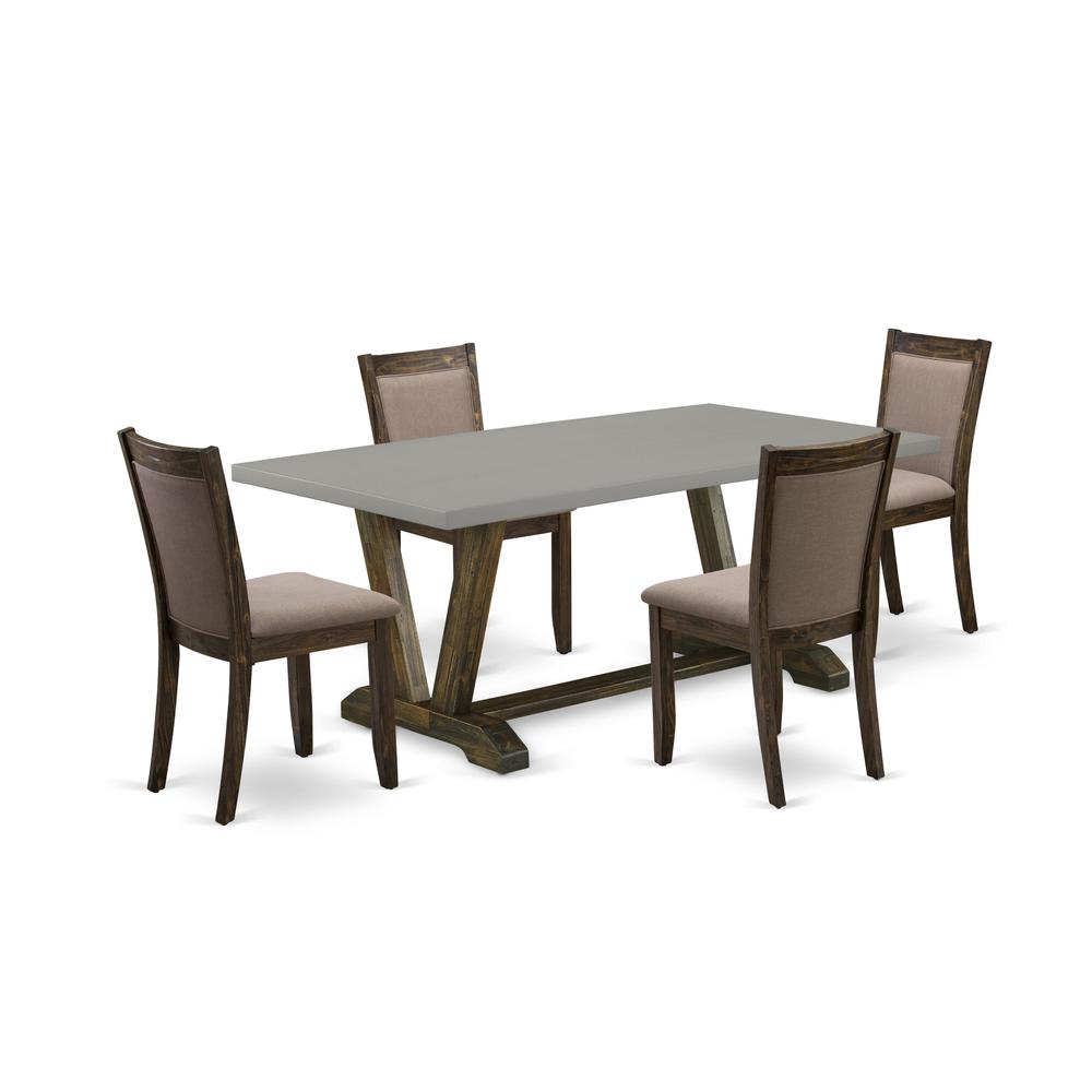 East West Furniture 5 Piece Innovative Dining Room Table Set - A Cement Top Wooden Dining Table with Trestle Base and 4 Coffee Linen Fabric Padded Chairs - Distressed Jacobean Finish. Picture 2
