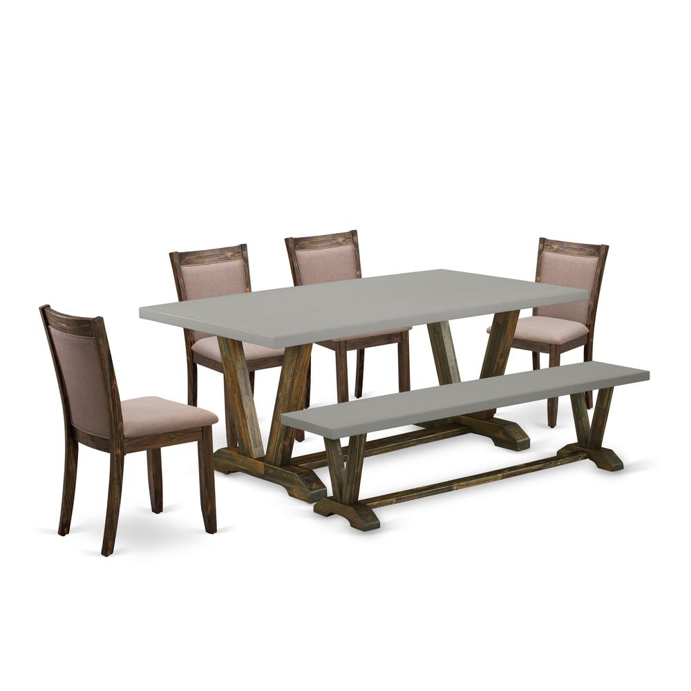 East West Furniture 6 Piece Kitchen Table Set- A Cement Top Wood Table in Trestle Base with Wood Bench and 4 Coffee Linen Fabrics Modern Chairs - Distressed Jacobean Finish. Picture 2