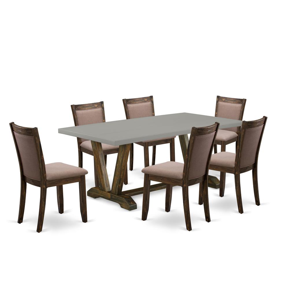 East West Furniture 7 Piece Innovative Kitchen Table Set - A Cement Top Dining Table with Trestle Base and 6 Coffee Linen Fabric Modern Dining Chairs - Distressed Jacobean Finish. Picture 2