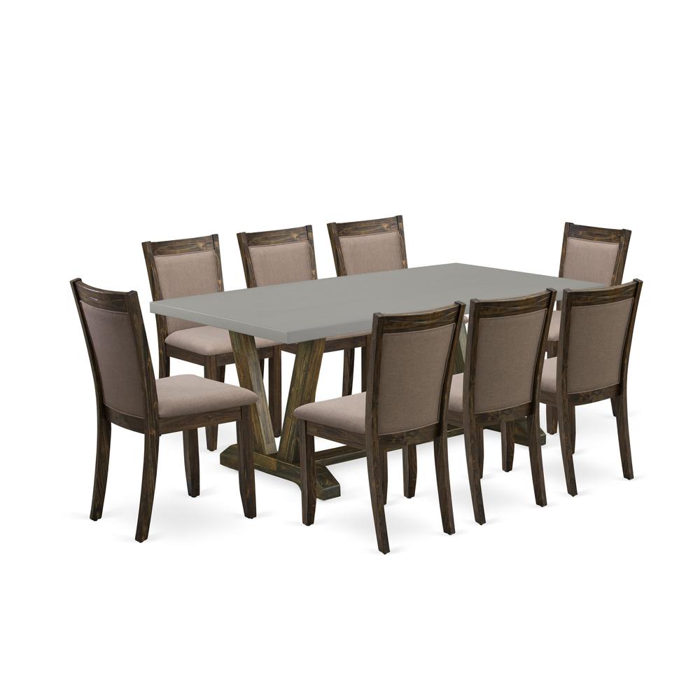 East West Furniture 9 Piece Contemporary Dinette Set - A Cement Top Dinner Table with Trestle Base and 8 Coffee Linen Fabric Mid Century Dining Chairs - Distressed Jacobean Finish. Picture 2