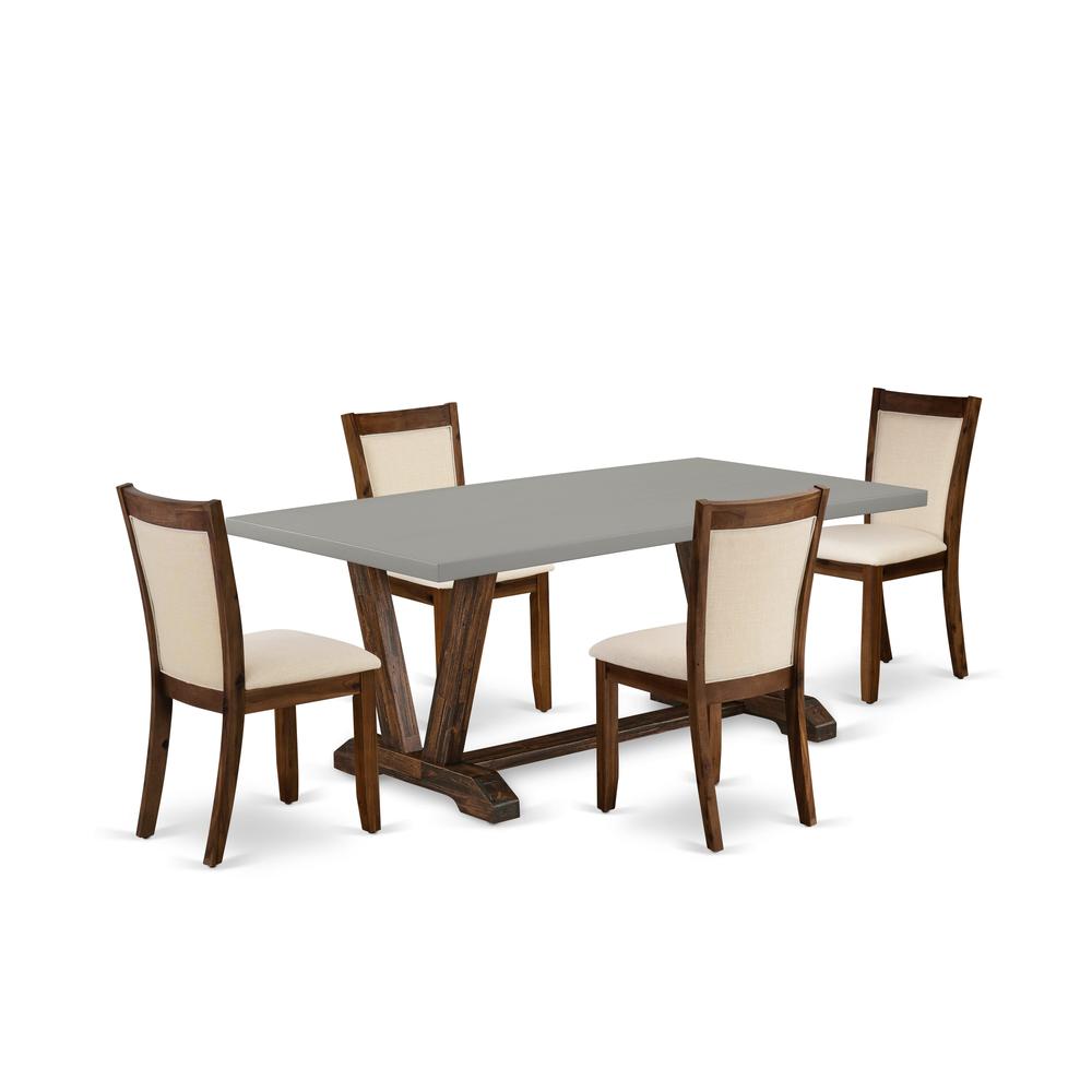 East West Furniture 5-Piece Modern Dining Set Consists of a Wooden Dining Table and 4 Light Beige Linen Fabric Dining Chairs with Stylish Back - Distressed Jacobean Finish. Picture 2