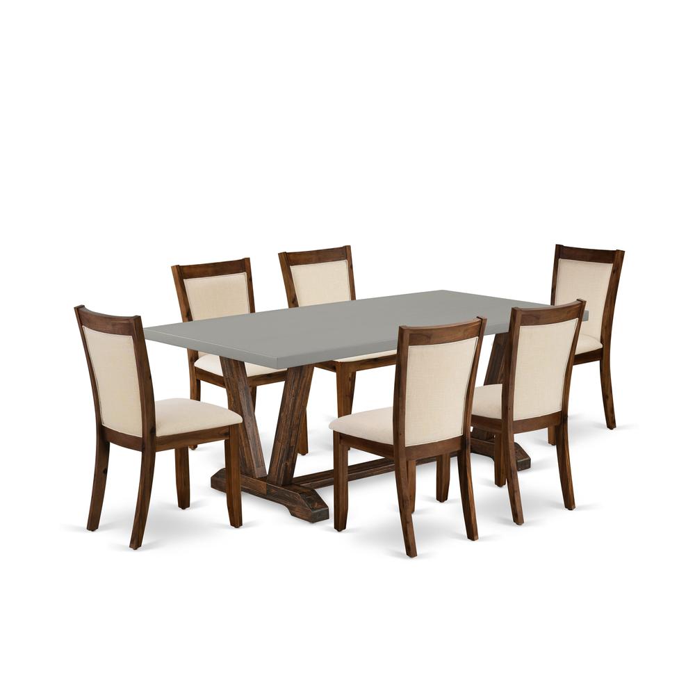 East West Furniture 7-Piece Mid Century Modern Dining Set Includes a Rectangular Table and 6 Light Beige Linen Fabric Dining Chairs with Stylish Back - Distressed Jacobean Finish. Picture 2