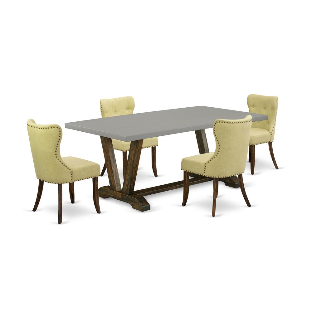 East West Furniture 5-Pc Dining Kitchen Table Set-Limelight Linen Fabric Seat and Button Tufted Back Parson Dining Room Chairs and Rectangular Top Dining Table with Solid Wood Legs - Cement and Distre. Picture 1