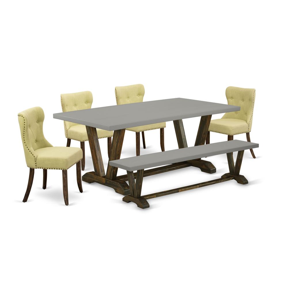East West Furniture 6-Piece Mid Century Dining Table Set-Limelight Linen Fabric Seat and Button Tufted Back Parson Dining Room Chairs, A Wooden Bench and Rectangular Top Living Room Table with Wood Le. Picture 1