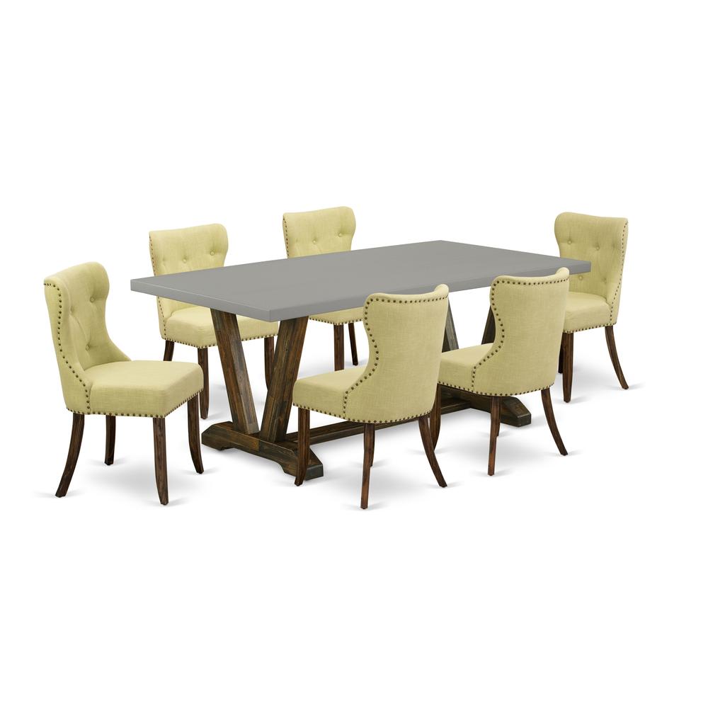East West Furniture 7-Piece Dining Room Table Set-Limelight Linen Fabric Seat and Button Tufted Back Parson Chairs and Rectangular Top Dining Table with Hardwood Legs - Cement and Distressed Jacobean. Picture 1