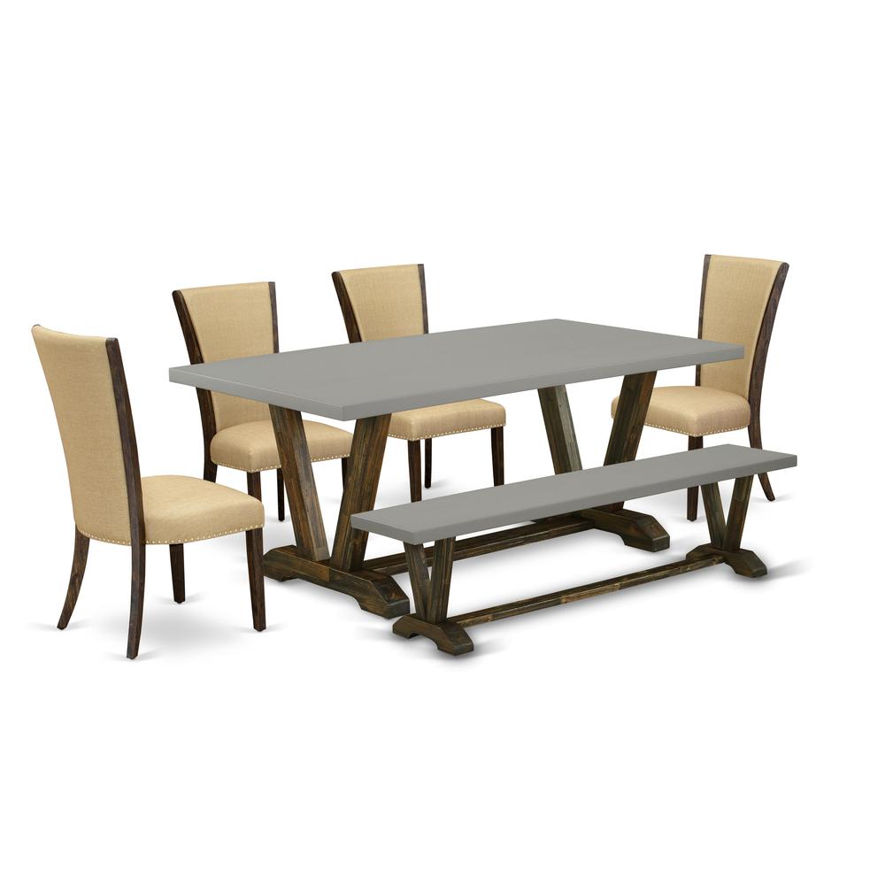 East West Furniture V797VE703-6 6 Piece Table Set - 4 Brown Linen Fabric Modern Dining Chairs with Nailheads and Cement Kitchen Table - 1 Kitchen Bench - Distressed Jacobean Finish. Picture 1