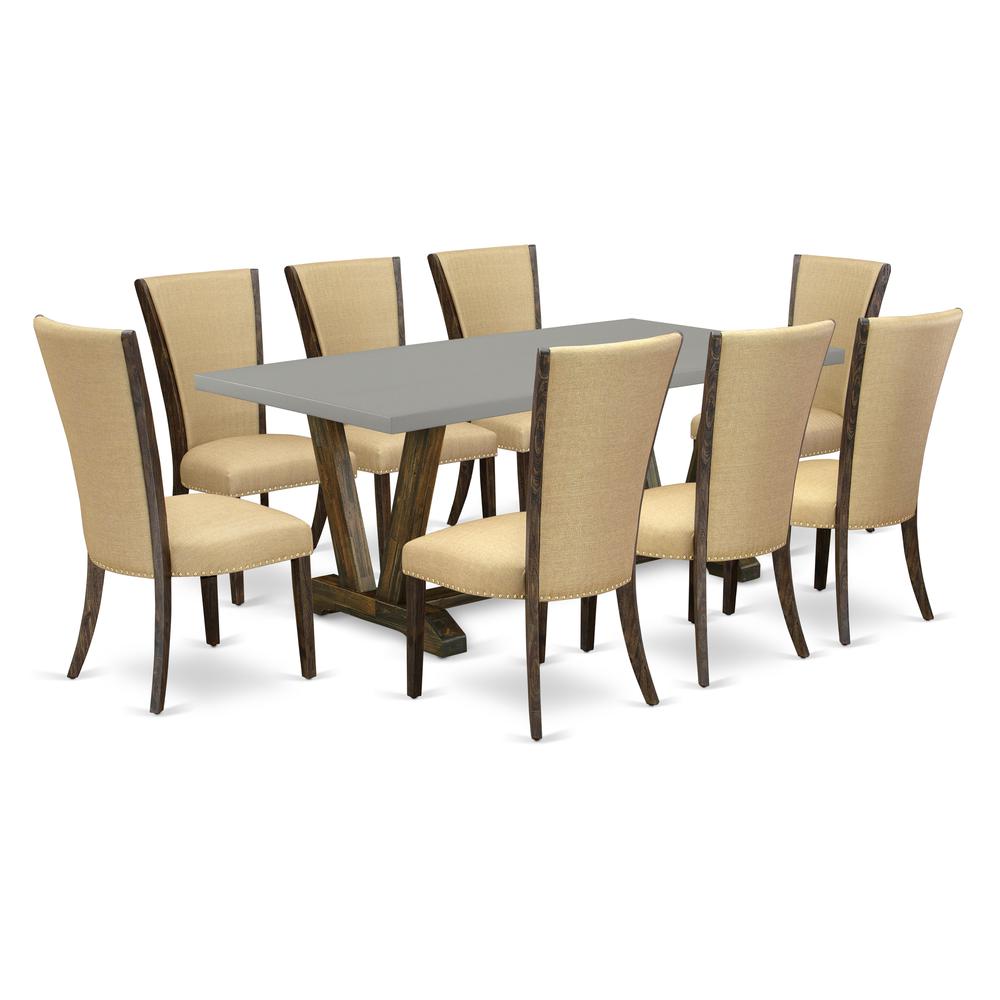 East West Furniture V797VE703-9 9Pc Dinette Set Includes a Rectangular Table and 8 Parsons Chairs with Brown Color Linen Fabric, Medium Size Table with Full Back Chairs, Distressed Jacobean and Cement. Picture 1