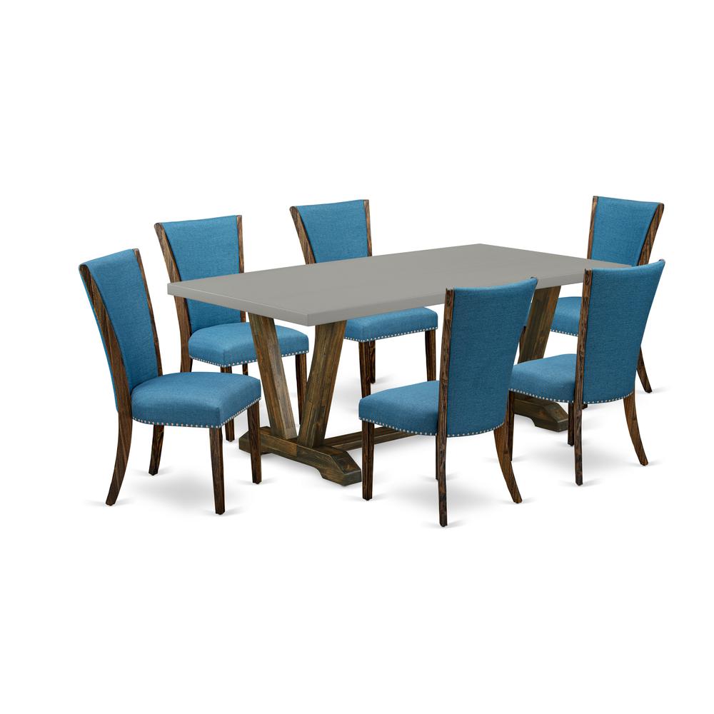 East West Furniture V797VE721-7 7Pc Dining Table Set Consists of a Wood Table and 6 Upholstered Dining Chairs with Blue Color Linen Fabric, Distressed Jacobean and Cement Finish. Picture 1