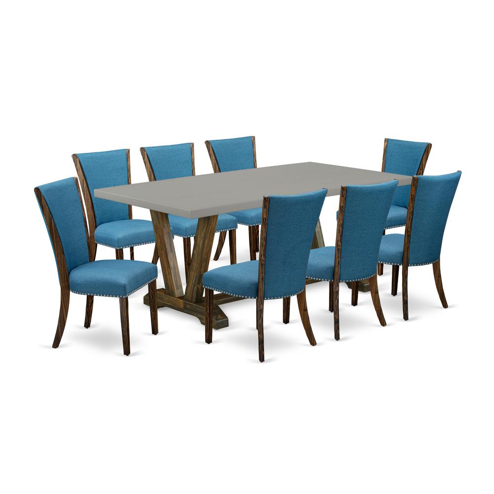 East West Furniture V797VE721-9 9Pc Dining Room Table Set Offers a Dinette Table and 8 Parson Dining Chairs with Blue Color Linen Fabric, Distressed Jacobean and Cement Finish. Picture 1