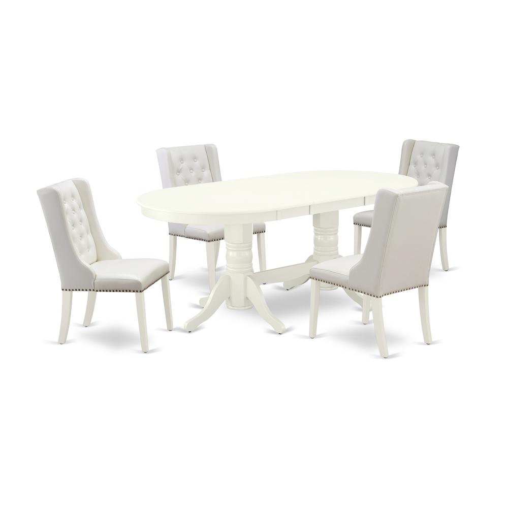 East West Furniture VAFO5-LWH-44 5-Pc Dinette Room Set Includes 1 Butterfly Leaf Double Pedestal Dining Table and 4 Light Grey Linen Fabric Dining Chairs with Button Tufted Back - Linen White Finish. Picture 1