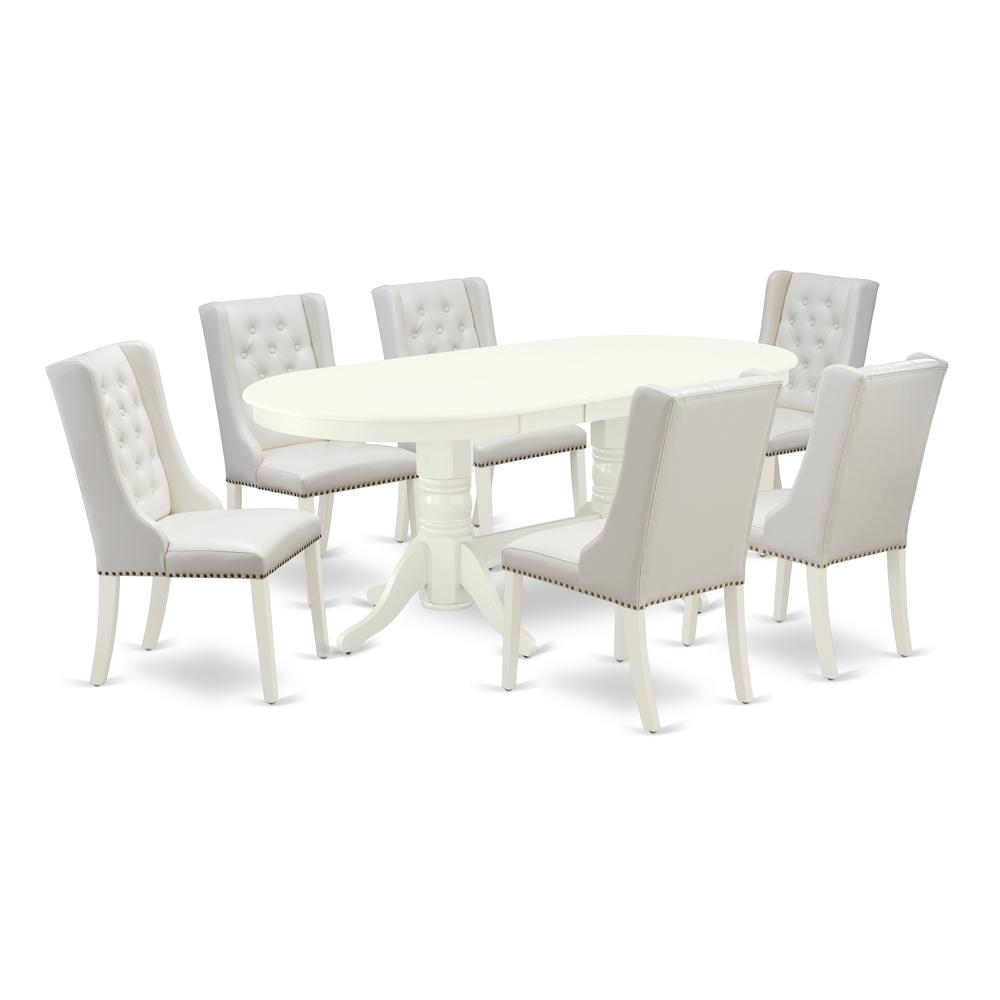 East West Furniture VAFO7-LWH-44 7-Pc Modern Dining Set Includes 1 Butterfly Leaf Double Pedestal Table and 6 Light Grey Linen Fabric dining room chairs with Button Tufted Back - Linen White Finish. Picture 1