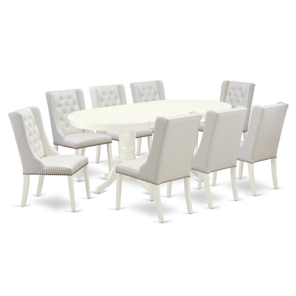 East West Furniture VAFO9-LWH-44 9-Pc Kitchen Dining Room Set Includes 1 Butterfly Leaf Double Pedestal Table - 8 Light Grey Linen Fabric Parson Chairs with Button Tufted Back - Linen White Finish. Picture 1