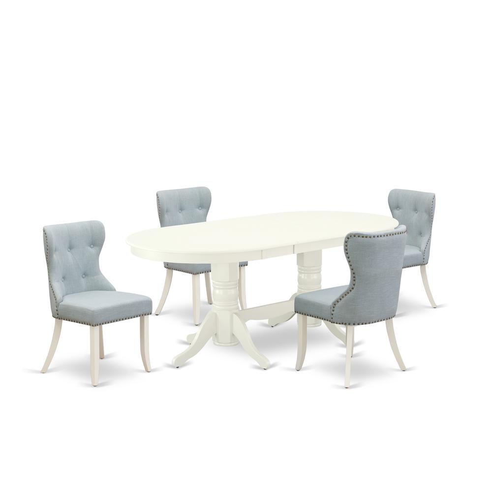 East-West Furniture VASI5-LWH-15 - A dining room table set of 4 great parson dining chairs with Linen Fabric Baby Blue color and a wonderful double pedestal 17 butterfly leaf oval wooden table with L". Picture 1