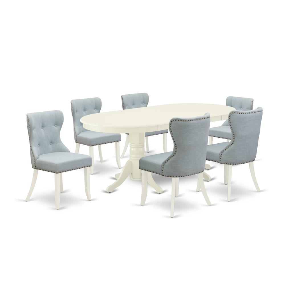 East-West Furniture VASI7-LWH-15 - A dining room table set of 6 wonderful dining room chairs with Linen Fabric Baby Blue color and a fantastic double pedestal 17 butterfly leaf oval dining room table". Picture 1