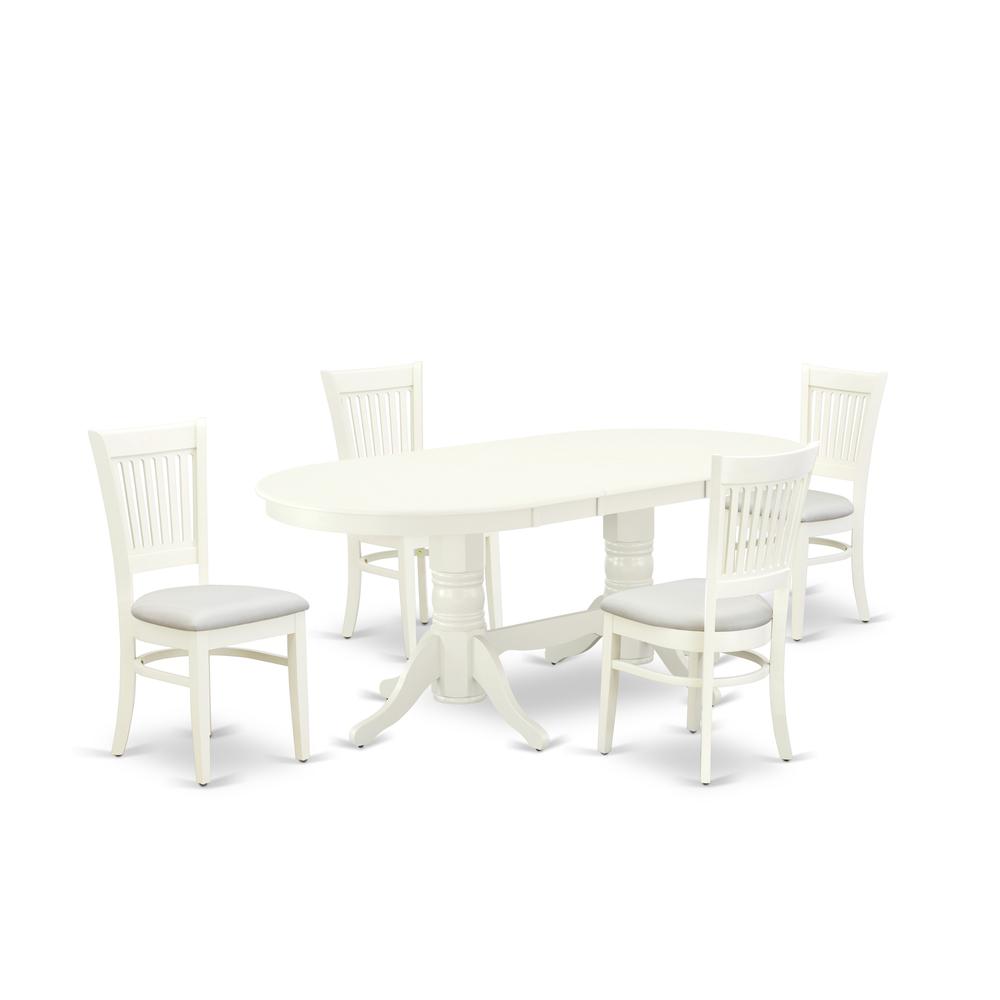 East West Furniture - VAVA5-LWH-C - 5-Pc Dinette Set- 4 Mid Century Chair with Linen Fabric Seat and Slatted Chair Back - Butterfly Leaf Dining Table - Linen White Finish. Picture 1
