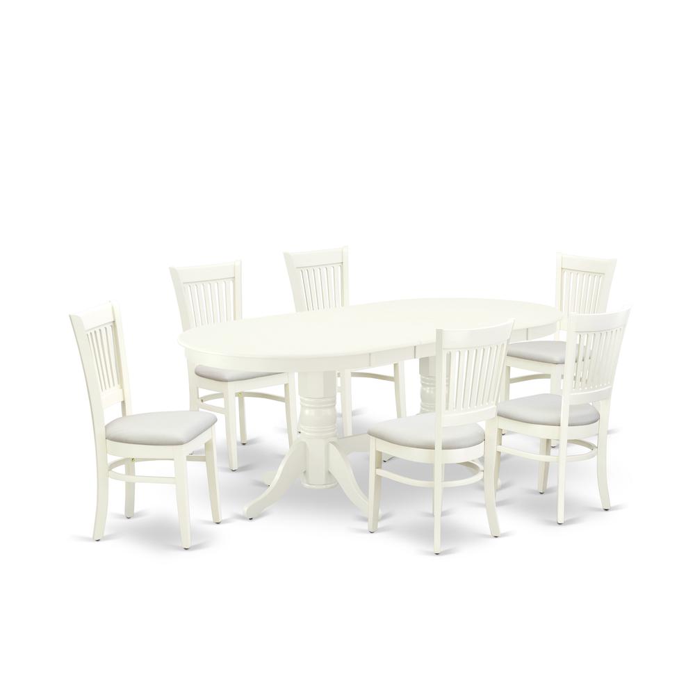East West Furniture - VAVA7-LWH-C - 7-Pc Dining Table Set- 6 Kitchen Chair with Linen Fabric Seat and Slatted Chair Back - Butterfly Leaf Modern Kitchen Table - Linen White Finish. The main picture.