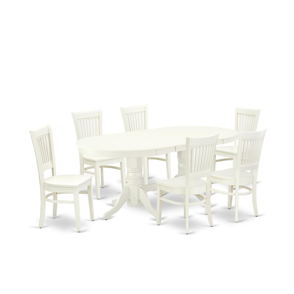 East West Furniture - VAVA7-LWH-W - 7-Pc Dining Table Set- 6 Wooden Chairs with Wooden Seat and Slatted Chair Back - Butterfly Leaf Kitchen Table - Linen White Finish. Picture 1