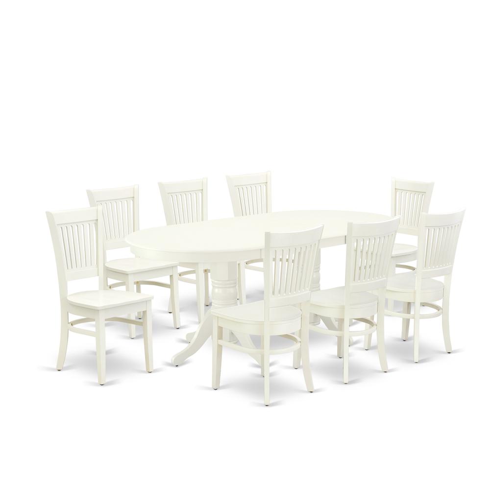 East West Furniture - VAVA9-LWH-W - 9-Pc Kitchen Table Set- 8 Mid Century Chair with Wooden Seat and Slatted Chair Back - Butterfly Leaf Dining Table - Linen White Finish. The main picture.