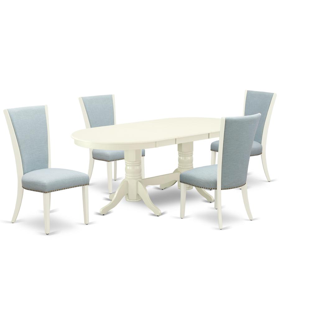 East-West Furniture VAVE5-LWH-15 - A dinette set of 4 great indoor dining chairs with Linen Fabric Baby Blue color and a gorgeous wood table with Linen White color. Picture 1