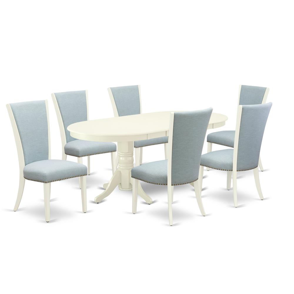 East-West Furniture VAVE7-LWH-15 - A dining set of 6 fantastic indoor dining chairs with Linen Fabric Baby Blue color and a beautiful wood kitchen table with Linen White color. Picture 1