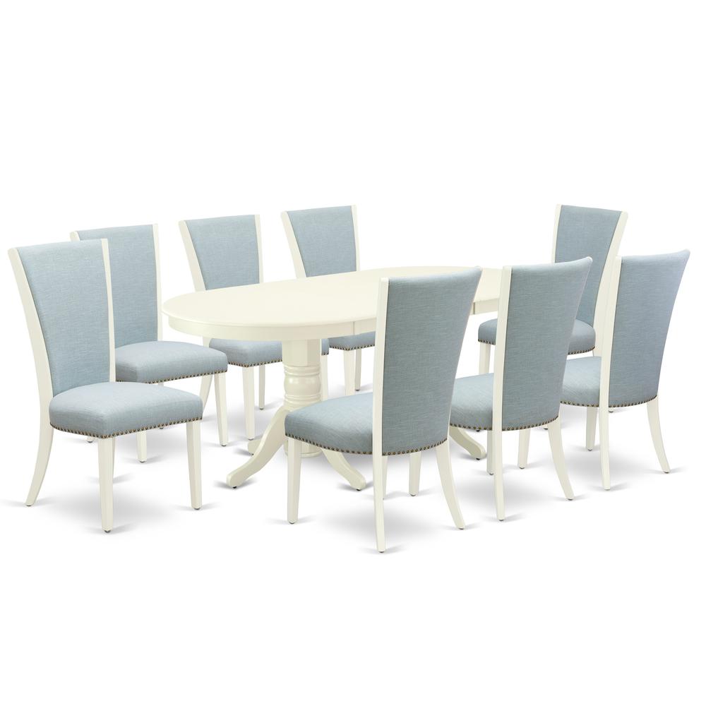 East-West Furniture VAVE9-LWH-15 - A wooden dining table set of 8 amazing dining room chairs with Linen Fabric Baby Blue color and a gorgeous double pedestal 17 butterfly leaf oval kitchen table with". Picture 1