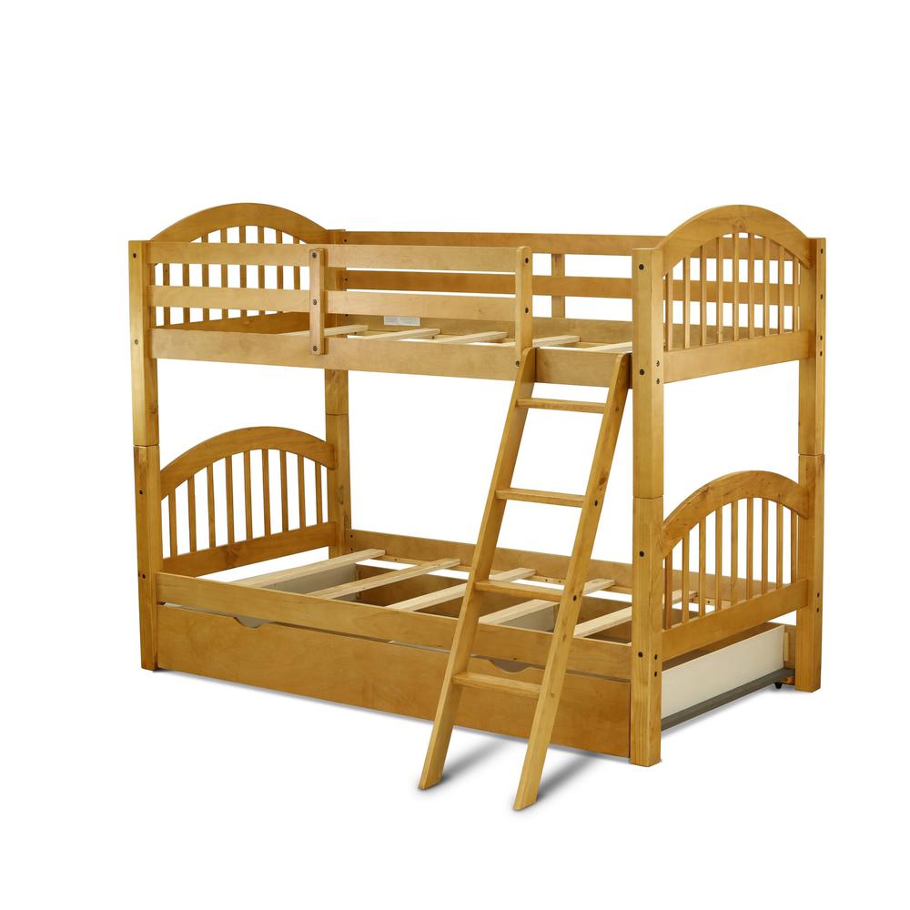 Verona Twin Bunk Bed in Natural Oak Finish with Convertible Trundle & Drawer. Picture 2