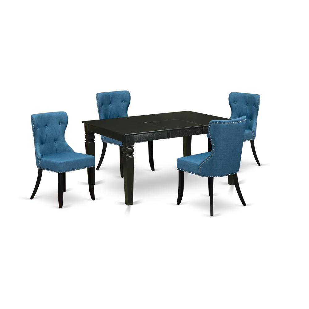 East-West Furniture WESI5-BLK-21 - A dining set of 4 great dining chairs using Linen Fabric Mineral Blue color and a gorgeous wooden dining table with Black color. Picture 1