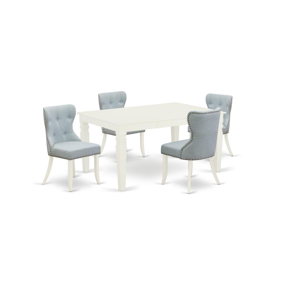 East-West Furniture WESI5-WHI-15 - A dining room table set of 4 fantastic parson chairs with Linen Fabric Baby Blue color and a beautiful midcentury dining table with Linen White color. Picture 1