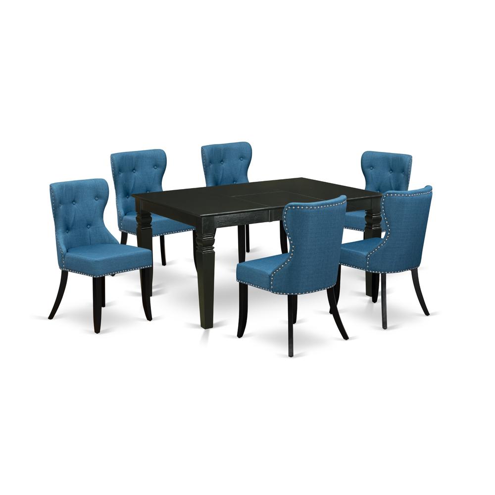 East-West Furniture WESI7-BLK-21 - A kitchen table set of 6 excellent parson chairs using Linen Fabric Mineral Blue color and a lovely dining table with Black color. Picture 1