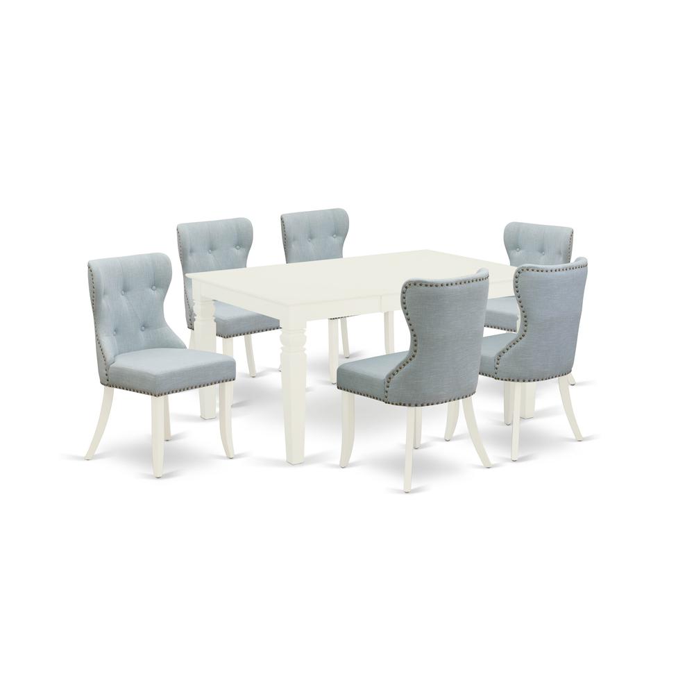 East-West Furniture WESI7-WHI-15 - A dining room table set of 6 amazing parson chairs with Linen Fabric Baby Blue color and a fantastic 18 butterfly leaf rectangle wooden table with Linen White color". Picture 1