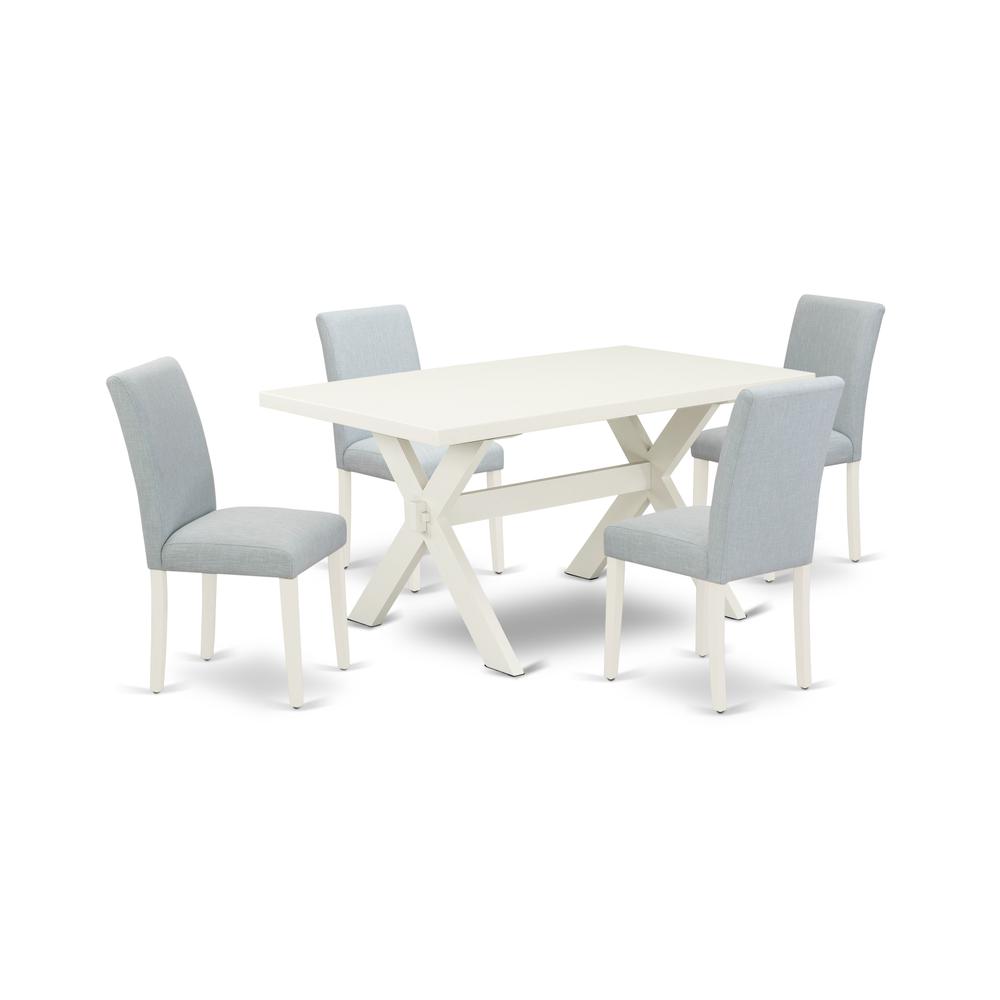East West Furniture 5-Pc Dining Table Set Includes 4 Parson dining chairs with Upholstered Seat and High Back and a Rectangular Dining Table - Linen White Finish. Picture 1