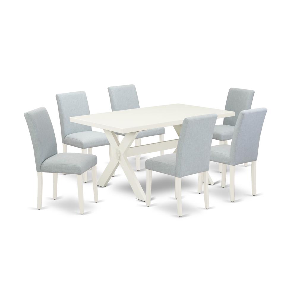 East West Furniture 7-Piece Kitchen Table Set Includes 6 Dining Chairs with Upholstered Seat and High Back and a Rectangular Modern Rectangular Dining Table - Linen White Finish. Picture 1