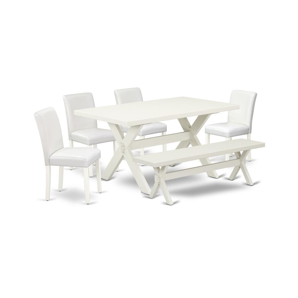 East West Furniture X026AB264-6 6-Piece Stylish Dining Set a Superb Linen White Wood Table Top and Linen White Small Bench and 4 Lovely Solid Wood Legs and Pu Leather Seat Parson Chairs with Stylish C. Picture 1