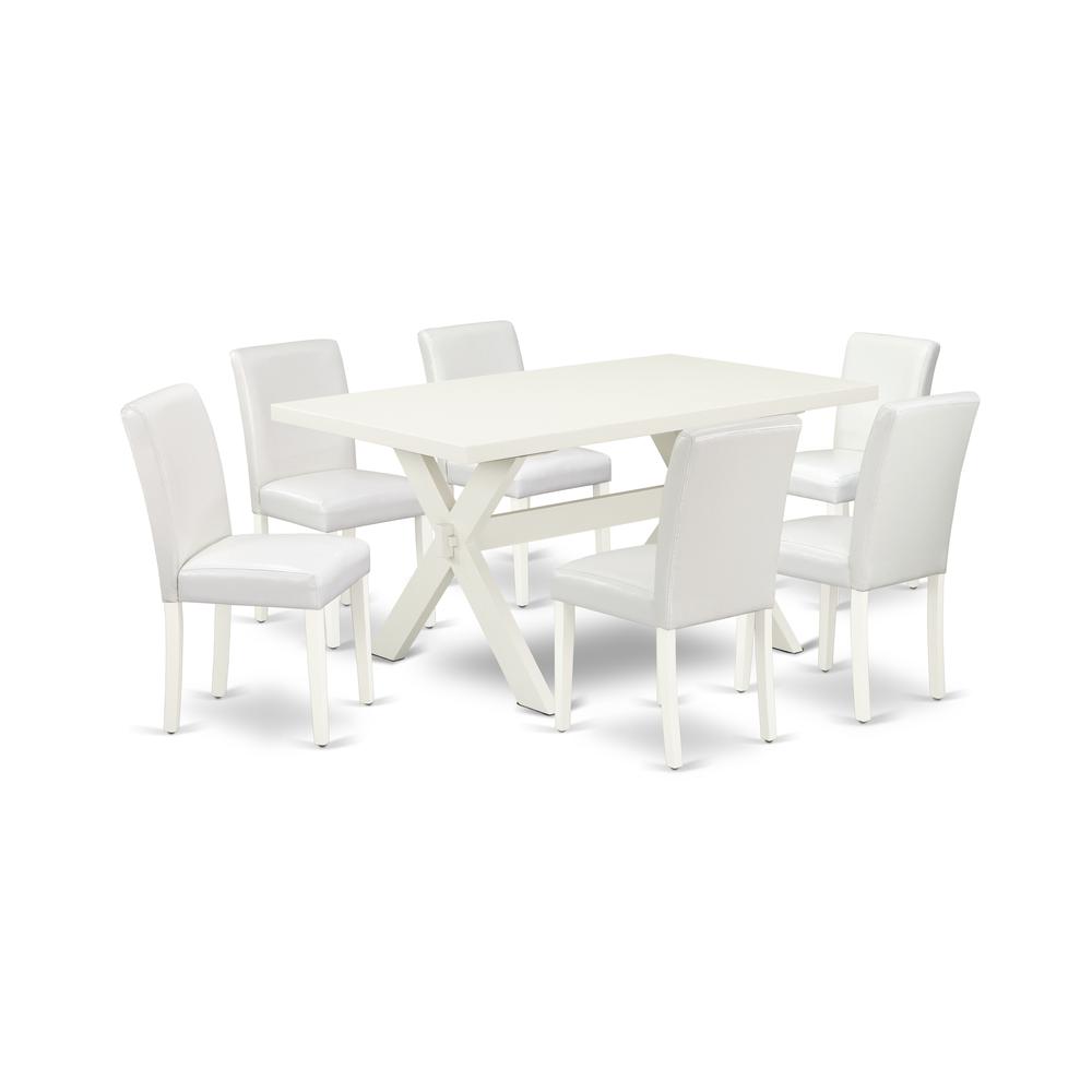East West Furniture X026AB264-7 7-Piece Beautiful Modern Dining Table Set an Excellent Linen White rectangular Table Top and 6 Beautiful Pu Leather Parson Dining Chairs with Stylish Chair Back, Linen. Picture 1