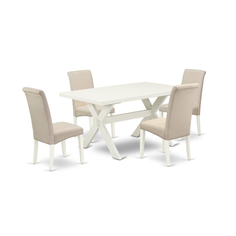 East West Furniture 5-Piece Modern Dining Table Set an Excellent Linen White Kitchen Rectangular Table Top and 4 Stunning Linen Fabric Dining Chairs with High Roll Chair Back, Linen White Finish. Picture 1