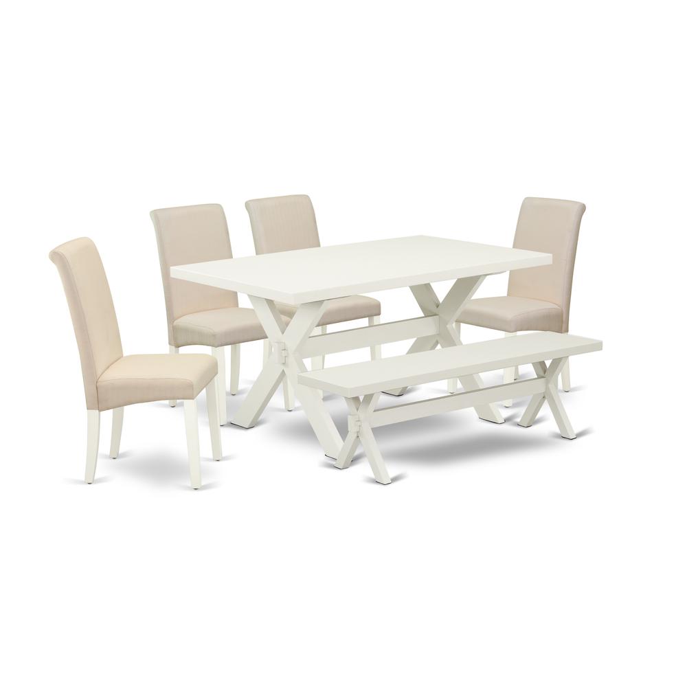 East West Furniture 6-Piece Stylish Dining Room Set an Outstanding Linen White dining table Top and 5 Stunning Linen Fabric Dining Chairs with High Roll Chair Back, Linen White Finish. Picture 1