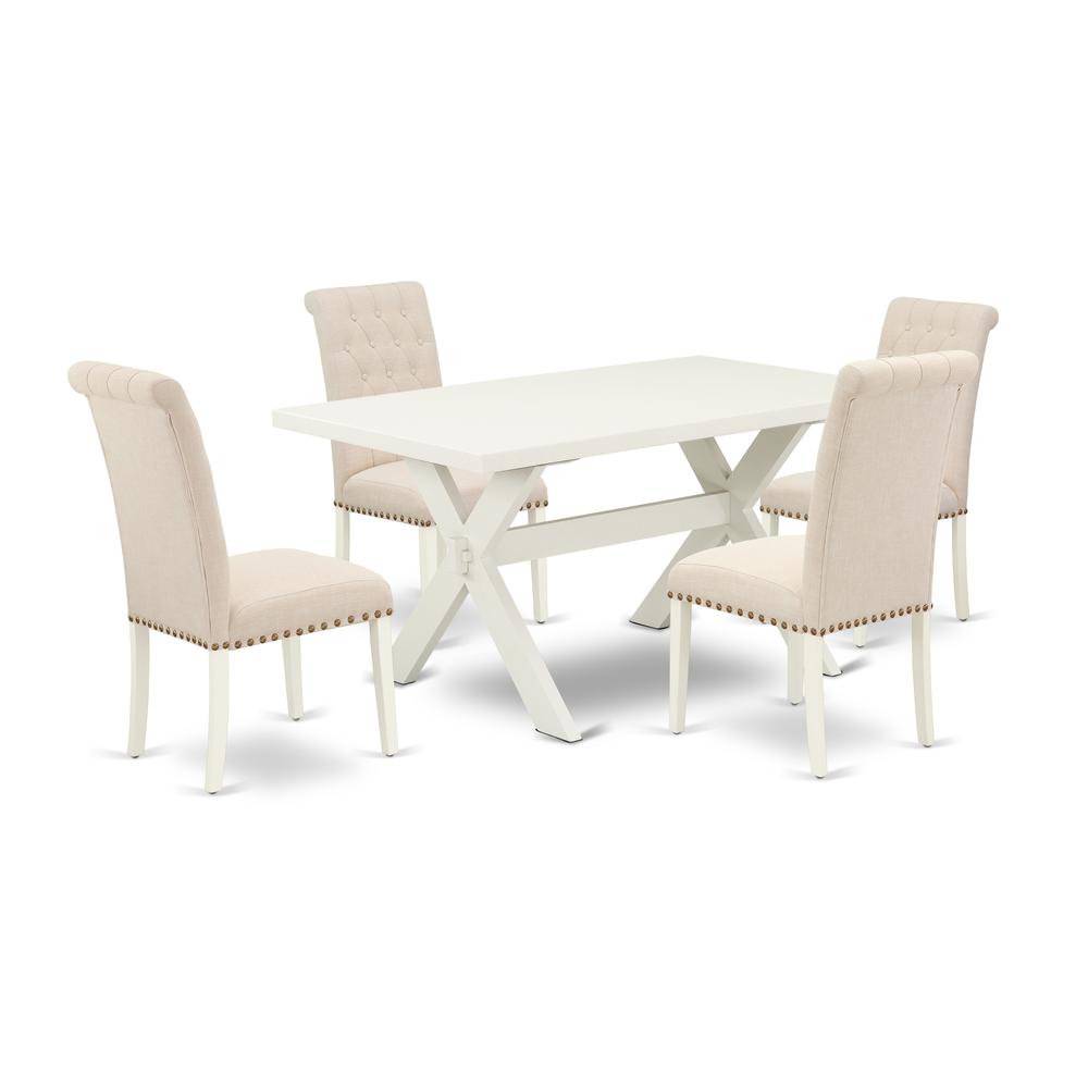 East West Furniture 5-Pc Dinette Set Included 4 Wood Dining chairs Upholstered Nails Head Seat and High Button Tufted Chair Back and Rectangular Dining room Table with Linen White Dining room Table To. Picture 1