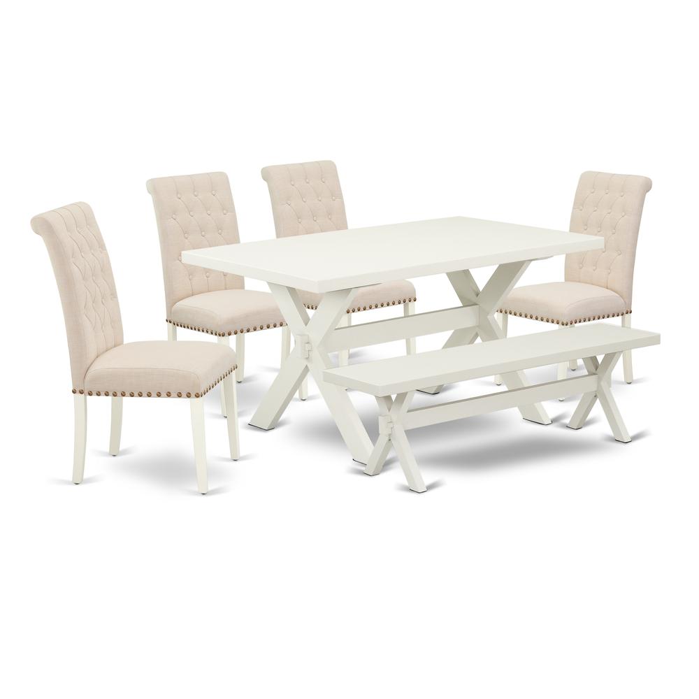 East West Furniture 6-Piece Table Dining Set-Light Beige Linen Fabric Seat and Button Tufted Chair Back Padded Parson Chairs, a Rectangular Bench and Rectangular Top Dining room Table with Solid Wood. Picture 1