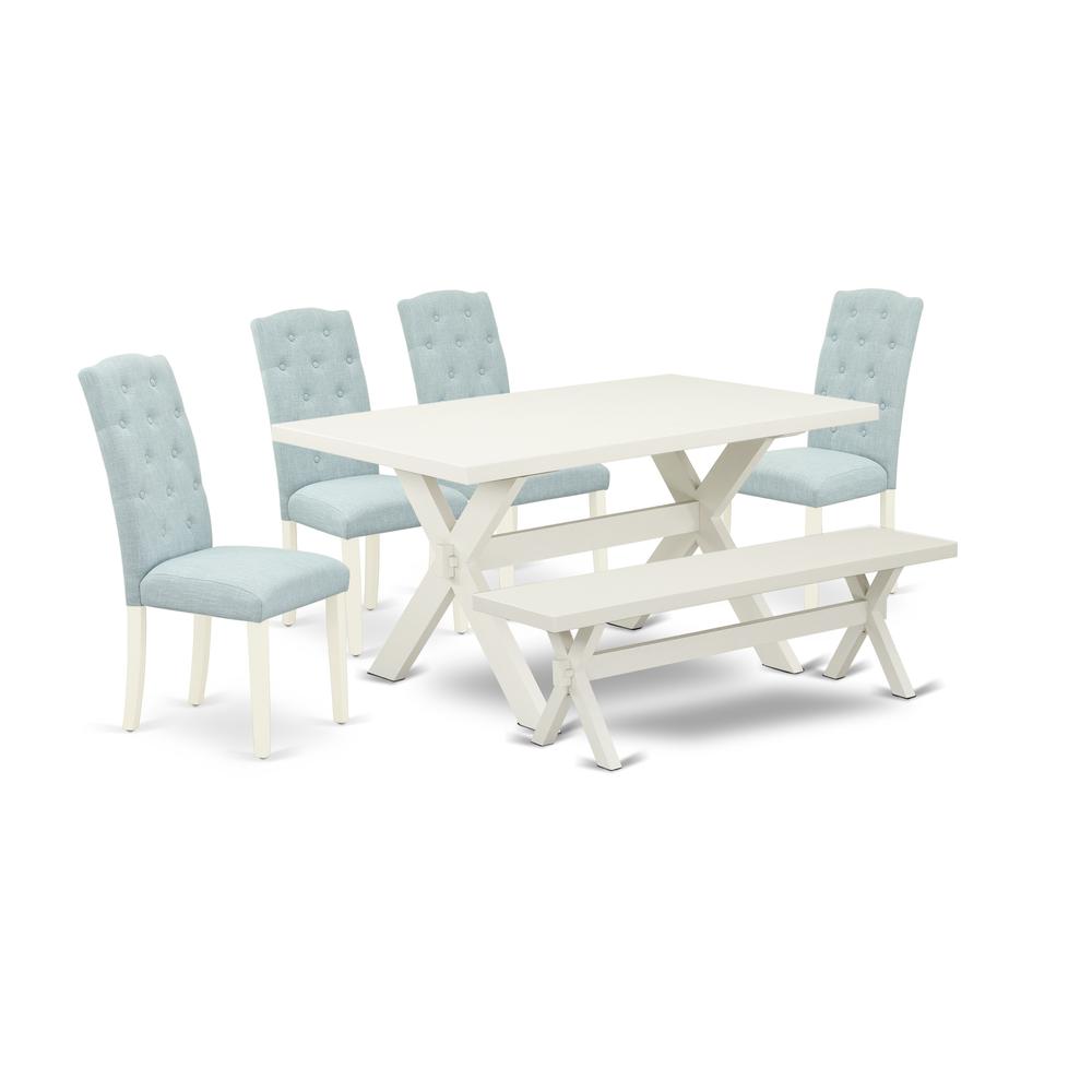 East West Furniture 6-Piece -Baby Blue Linen Fabric Seat and Button Tufted Chair Back Kitchen chairs, A Rectangular Bench and Rectangular Top Modern Dining Table with Hardwood Legs - Linen White and L. Picture 1