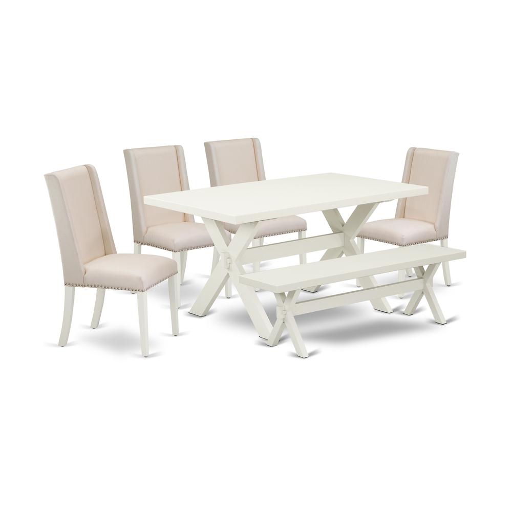 East West Furniture 6-Piece Gorgeous kitchen table set a Superb Linen White Wood Dining Table Top and Linen White Dining Room Bench and 4 Lovely Linen Fabric Dining Chairs with Nail Heads and Stylish. Picture 1